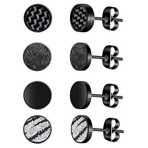 4 Pairs Stainless Steel Round Stud Earrings for Men Women Black Carbon Fiber Pierced 8MM Cover