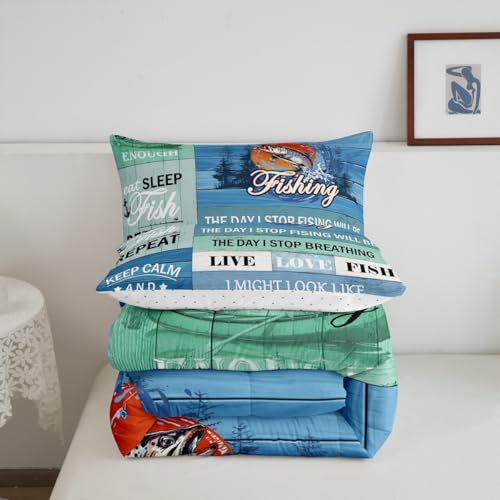 Image of Feelyou Kids Happy Camping Duvet Insert Twin Size, Big Pike Fish Comforter Set Boys Girls for Lake House Bedding Set RV Camping Teens Bedroom Decor with 1 Pillow Case