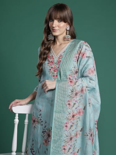 Image of INDO ERA Women's Straight Linen Floral Embroidered Kurta & Pant With Dupatta Set (IESTR10644)