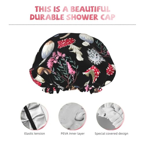 Bonnet de douche imperméable à motif champignons et feuilles d'automne avec double doublure