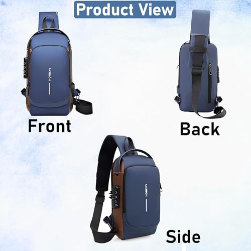 Image of Sling Bag for Men Stylish Crossbody Backpack for Men & Women, Anti-Theft Chest Bag with USB Charging Port, Messenger Bags, Casual Shoulder Bag (Blue-Gold)