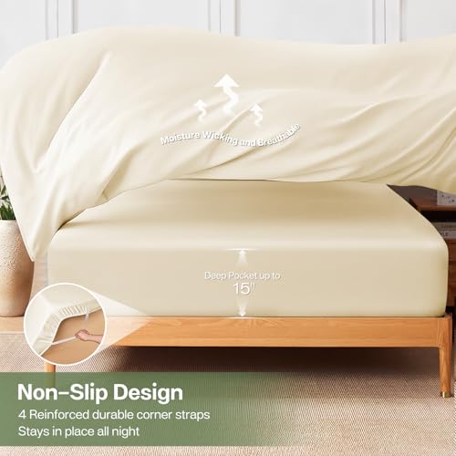 MR&HM Twin Sheets Set, 3-Piece Cooling Sheets, Rayon Derived from Bamboo & Polyester Blend, Soft & Silky, 15" Deep Pockets with Elastic Straps, Hotel Luxury for Hot Sleepers, Cream