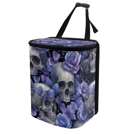 Image of Talayituse Skull Rose Print Car Trash Can Portable Auto Garbage Bin Multifunctional Vehicle Interior Accessories with Adjustable Straps Universal Fit Truck SUV Sedan