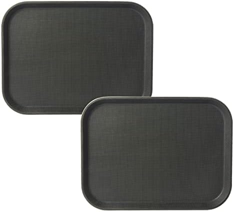CURTA 2-Pack Restaurant Grade Non-Slip Trays, NSF, 16 Inch x 12 Inch, Plastic Rubber Lined Anti-Skid Rectangular Serving Tray, Black