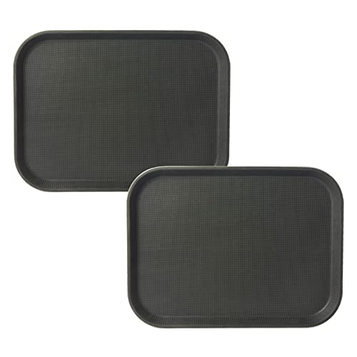 CURTA 2-Pack Restaurant Grade Non-Slip Trays, NSF, 16 Inch x 12 Inch, Plastic Rubber Lined Anti-Skid Rectangular Serving Tray, Black