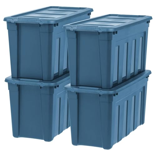 Image of IRIS USA 31 Gallon Eco-Friendly Heavy Duty Storage Totes with Easy-Grip Handles, 8 Pack - Large Bins with Lids Garage Organizing Tubs, Durable Stackable Utility Containers, Made in USA - Navy