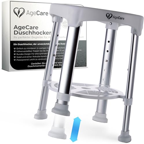AgeCare - Duschhocker für Senioren & Erwachsene | Höhenverstellbar | Leichter Badhocker rutschfeste Gummifüße Duschstuhl bis 130KG Belastbar | Duschhilfe