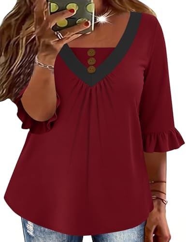 TFSDOD Womens Plus Size 3/4 Ruffle Sleeve Tunic Tops V Neck Pleated Dressy Casual Shirts Floral Print Blouses (1XL-5XL)