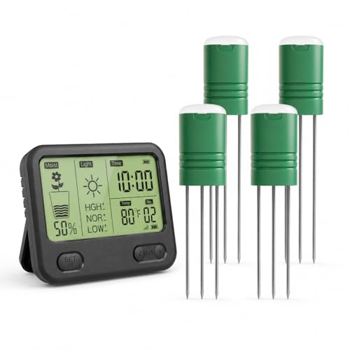Soil Moisture Meter for Plants 12-Zone Wireless Plant Water Meter Soil Thermometer and Light Sensor 4-in-1 TDR Tester 230ft Range IPX5 Waterproof for Indoor Outdoor Garden Lawn (Display+4 Sensor)