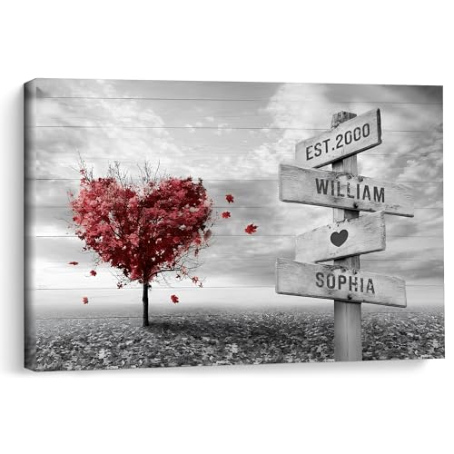 KiKiLuna Personalized Heart Tree Couple Signpost Wall Art, Custom Names & Est. Year Romantic Landscape Canvas Print, Rustic Farmhouse Bedroom Living Room Décor, Anniversary Wedding Gift