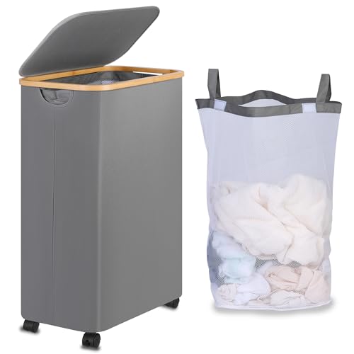 iEGrow Cesto Ropa Sucia 110l con Tapa, Cesto Ropa Grande con Ruedas y Mango de Bambú, Laundry Basket con Bolsa Interior Extraíble y Lavable para la Sala de Lavandería Baño de Dormitorio (Gris)