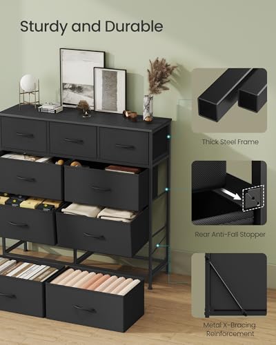 Image of SONGMICS BELLAH Collection - Dresser for Bedroom, Chest of Drawers, Storage Organizer Unit, Closet, Entryway, Steel, 9 Drawers, Modern, Ink Black and Ebony Black ULGS324B01S