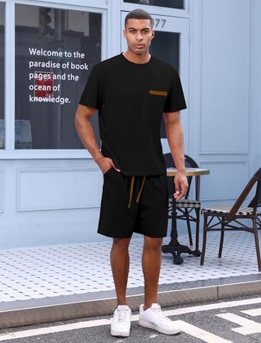 ODIZLI Men's Waffle T Shirt and Drawstring Shorts Summer Tracksuit Casual Two Piece Outfits with Pockets2