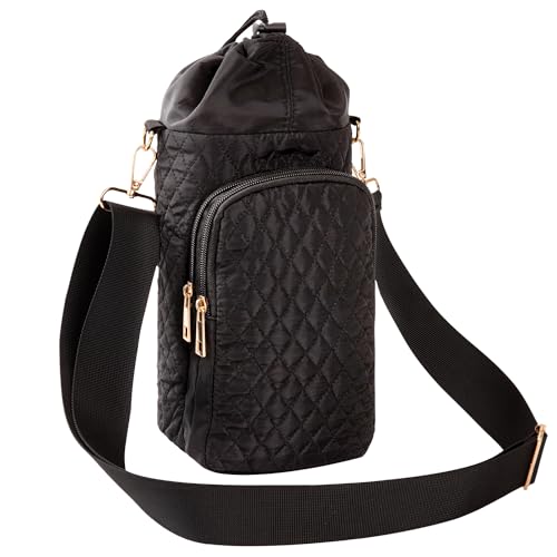 AGX Bravo Water Bottle Bag 32/40oz Sports Water Bottle Holder with Strip Water Bottle Sling Crossbody Carrier Bag with Adjustable Shoulder Strap Pockets for Men/Women Walking Hiking (Quilted Black)