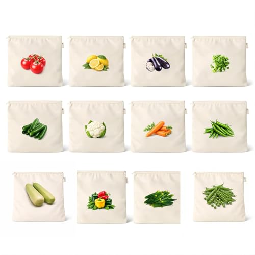Clyton Set of 12 Reusable Vegetable Bags for Fridge | 100% Natura...