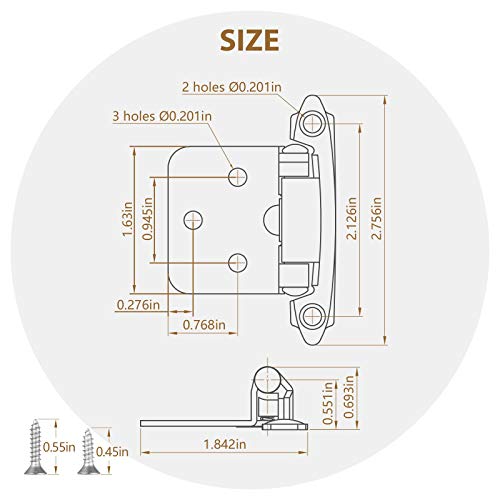 Satin Nickel Self Closing Kitchen Flush Cabinets Hinge 10 Pair 2-1/8" Brushed Nickel Cabinet Door Hinges Cupboard Variable Flush Cabinet Hinge Face Mount 20 Pack #TOP2