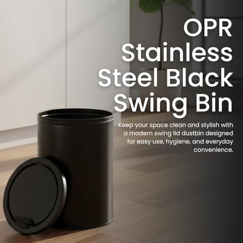 Image of OPR Swing Lid Dustbin - 20L | Black Stainless Steel Trash Can | 10 Inch (W) x 14 Inch (H) | Swing lid Steel dustbin for home with removable lid| For Kitchen, Bathroom, Office & Commercial Use (20 Ltr)