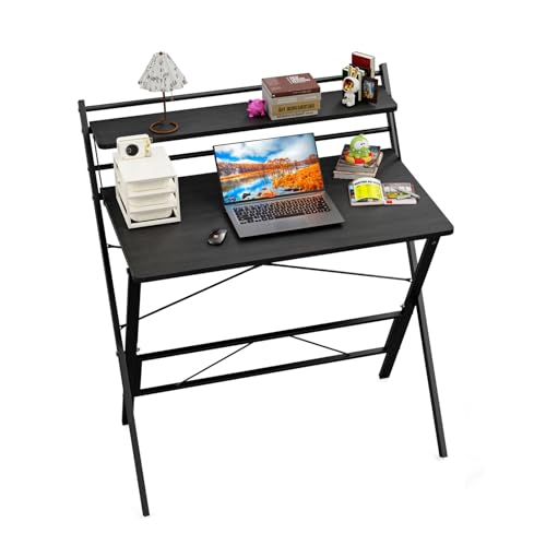 Utlenianie Mesa Escritorio Plegable, Mesa Plegable con Estante Abierto Escritorio Pequeño para Espacio Pequeño, 80x50x75 cm (Negro-D)