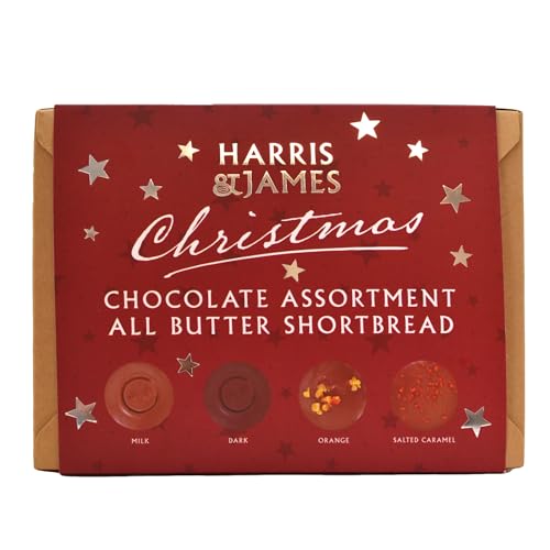Harris & James Christmas All Butter Shortbread Biscuits Assortment Box. Contains Milk Chocolate, Dark Chocolate, Chocolate Orange and Salted Caramel (360g)