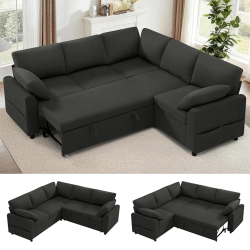 Image of 87 inch Fabric Sectional Sofa w /Pull Out Bed & Storage Space, Dark Grey