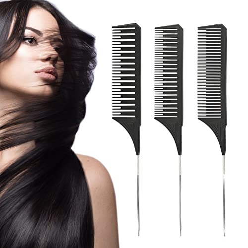 JTENG Peigne a Queue, Peigne Queue de Rat Metal Peigne de Coiffure Spécial Antistatique pour Teindre et Tresser Les Cheveux(3 Pièces) (noir)