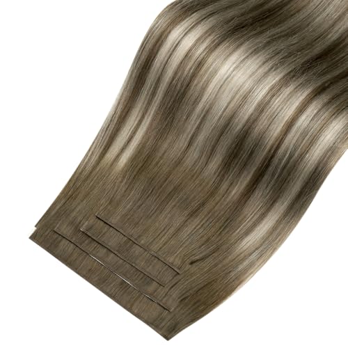 Image of LaaVoo Weft Tape Extensions Ombre Light Brown Tape in Weft Hair Extensions Human Hair 90G Genius Tape in Extensions Light Brown Fading to Platinum Blonde with Brown 16inch 4pcs