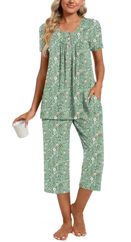 Image of Womens Summer Pajama Sets 2 Piece Short Sleeve Top and Capri Pants Plus Size Ladies Lounge Pjs Sets with Pockets