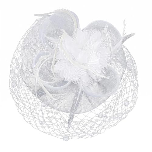 Tocado con velo para mujer con diadema de plumas y flor para bodas