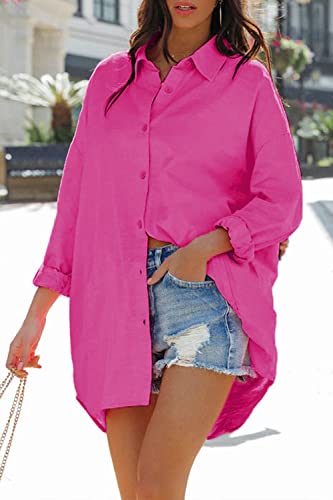 Image of FSHAOES Womens Oversized Button Down Shirts Casual Loose Long Sleeve Solid Lapel Long Blouses Tops with Pockets