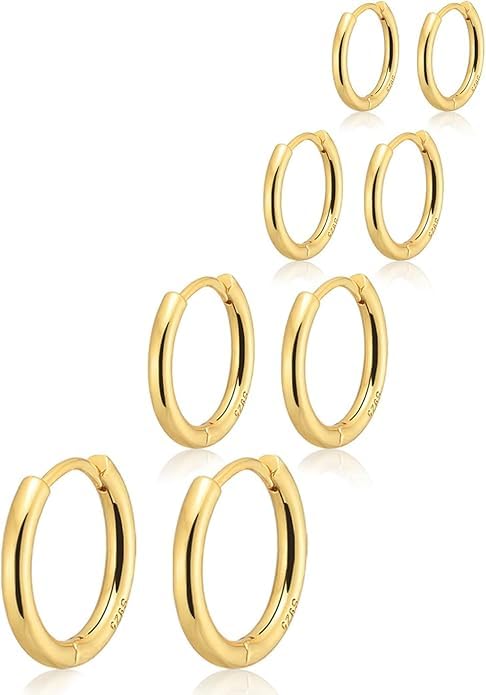 4Pairs Small Hoop Earrings for Women, Dainty 14K Gold Plated Huggie Hoop Earrings Hypoallergenic Lightweight Cartilage Earrings Set for Multiple Piercings for Sensitive (6mm 8mm 10mm 12mm)