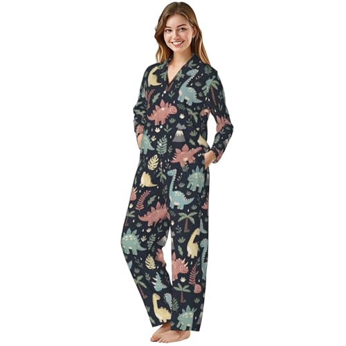 Image of Women'S Long Sleeve Pajama Set Soft Loungewear Button-Down Top & Elastic Waist Pants S- 2XL