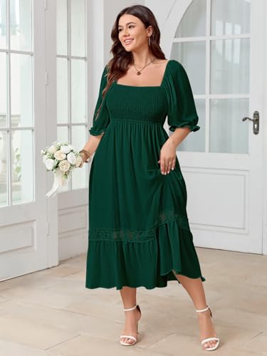 Image of SCOMCHIC Women's Plus Size Boho Maxi Dress Short Sleeve Square Neck Smocked Flowy A-Line Lace Trim Wedding Guest Dresses