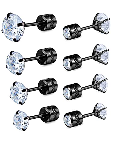 Titanium Screw Back Stainless Steel Stud and Hoop Earrings for Women Men (Black Stud-Clear CZ)