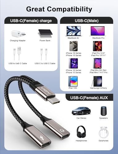 VIOY USB C Splitter 1 in 2 Out, Dual USB-C Headphone and Charger Adapter with PD 60W Fast Charging and Data Transfer for iPhone 16/15 Pro,iPad Pro,Samsung Galaxy S22 S21 S20,Pixel