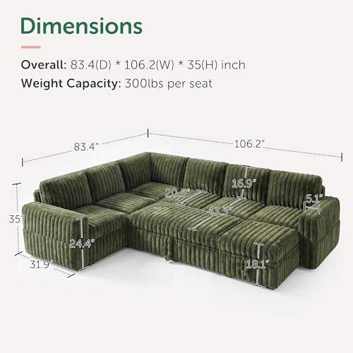Image of HONBAY Plush Corduroy Modular Sectional Sofa with Pull Out Bed, Convertible U Shaped Couch with Storage,Sleeper Sectional Couches for Living Room,Plush Green