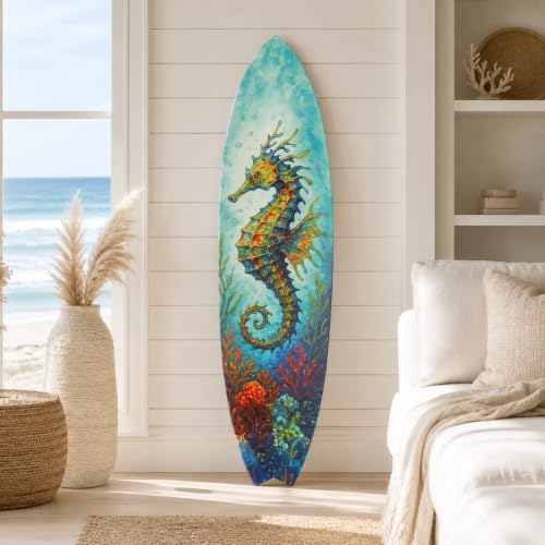JennyGems Seahorse Surfboard Wall Art Coastal PVC Beach House Decor, Ocean Theme Nautical Wall Sign, Tropical Underwater Sea Dragon, 3 Foot
