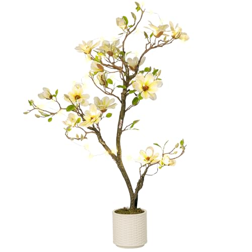 4FT Faux Magnolia Plant Artificial Flower Trees Fake Plants for Yard Patio Home Office Arrangement Decor Artificial Magnolia Tree Inc. 66 Realistic Flowers Vivid Leaves Mosses Lighting White Pot