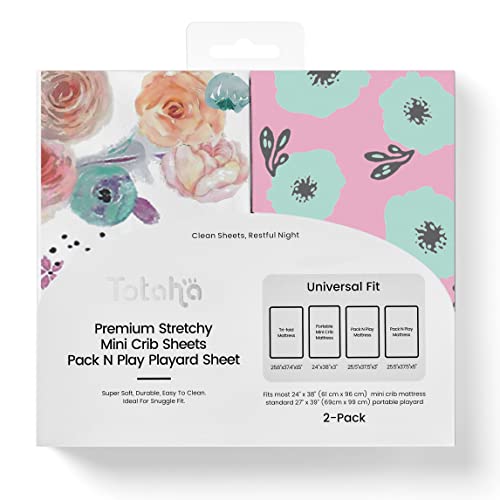 Image of TotAha Premium Stretchy Pack N Play Playard Sheets | Mini Crib Sheets (2-Pack) -Hypoallergenic, Silky Comfort, Buttery Soft, Calming Effect, All-Season Jersey-Knit (Colorful Flora & Blue Flowers)