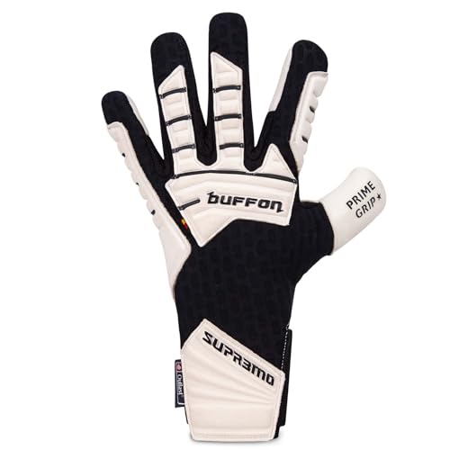 Buffon Supremo 3 Professional Goalkeeper Gloves: 3.5mm German Latex Prime Grip - Unisex (White/White/Black, 7)