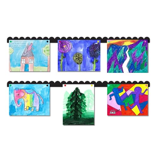 Scalloped Magnetic Art Display for Kids Artwork & Photos (Set of 2) Kids Artwork Display for Wall Magnetic Photo Display Strips with Push-Pin Magnets (Black 35in)