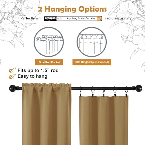 Image of Aiyufeng Gold Short Blackout Curtains for Bedroom 45 Inches Long 2 Panels Set, Solid Thermal Insulated, Energy Saving Window Treatment Curtains Blackout Drapes, W40 x L45 Inch, Gold