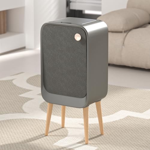 ELPHECO Stainless Steel Kitchen Trash Can 5.5 Gallon Brushed Stainless Steel Motion Sensor Trash Can, Large Capacity Motion Kitchen Trash Can with Wooden Legs (Grey, Large) 2 AA