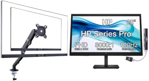 Image of HP Series 3 Pro 22 inch FHD VA Monitor Anti-Glare, Flicker Free, VESA Mount | 5ms Response Time, Brightness 250 nits, Tilt, HDMI, Black Color Ergoflexy Single Mount Arm