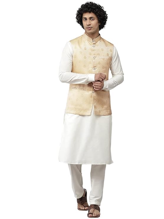Men Gold & White Solid Kurta Pyjamas With Nehru jacket-image-7