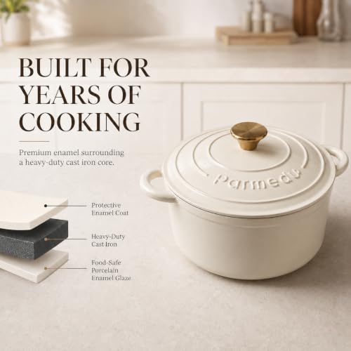 Parmedu 5.5QT Enameled Cast Iron Dutch Oven for Sourdough Bread White - Image 2
