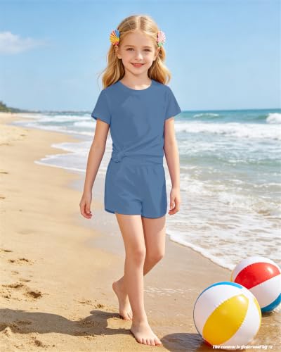 Image of Bestuline Girls Summer 2 Piece Outfits,Basic Short Sleeve Top & Shorts Set with Side Pockets,4-14Y
