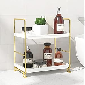 FSyueyun 2-Tier Makeup Shelf Organizer, Kitchen Spice Rack or Bathroom Countertop Organizer Vanity Bedroom Storage Tray (Gold)