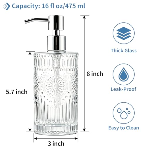 Image of Vintage Glass Soap Dispenser, 16 fl oz Refillable Liquid Hand Soap Bottle with Pump, Sunflower Embossed Dish Soap Dispenser for Bathroom, Kitchen, Shower (Clear)