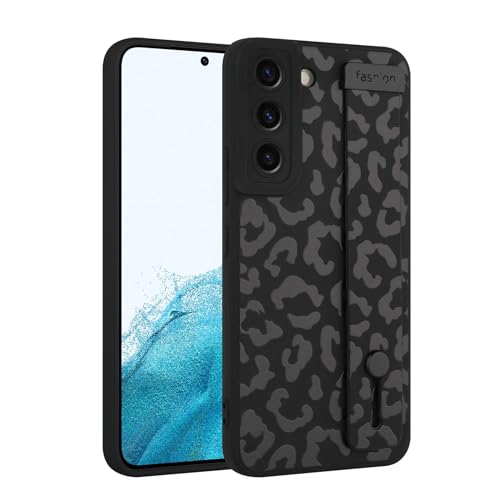 Image of Compatible with Samsung Galaxy S22 Case with Strap Wrist Black | Cheetah Print Shockproof Soft TPU Protective Cover for Women Girls, Slim Anti Scratch Case 6.1 Inch, Black