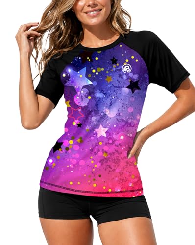 Image of AOBUTE Women Short Sleeve Rash Guard Gradient Sun Protection Swim Shirts